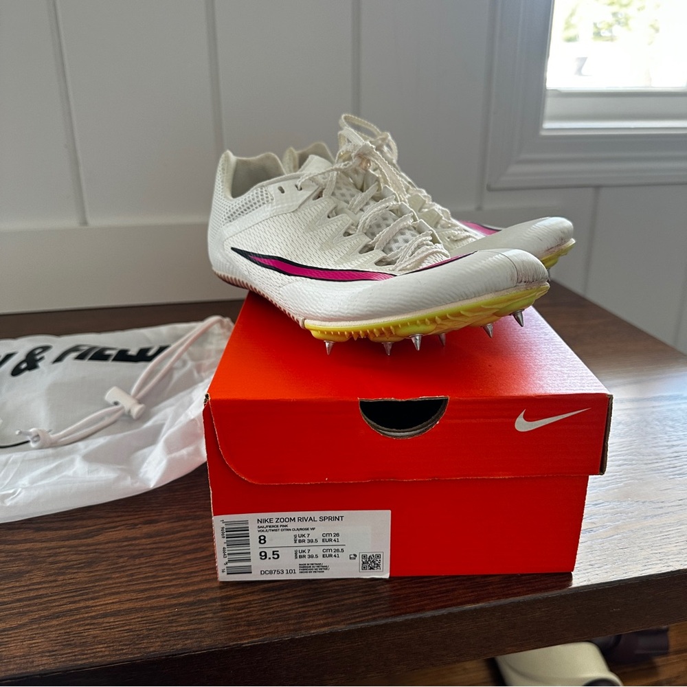 Nike White and Pink Sprint Spikes